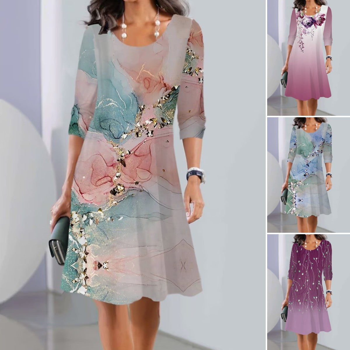 【S-3XL】🍂🍂Midi šaty s dlouhým rukávem a kulatým výstřihem, nový podzimní potisk-3984790