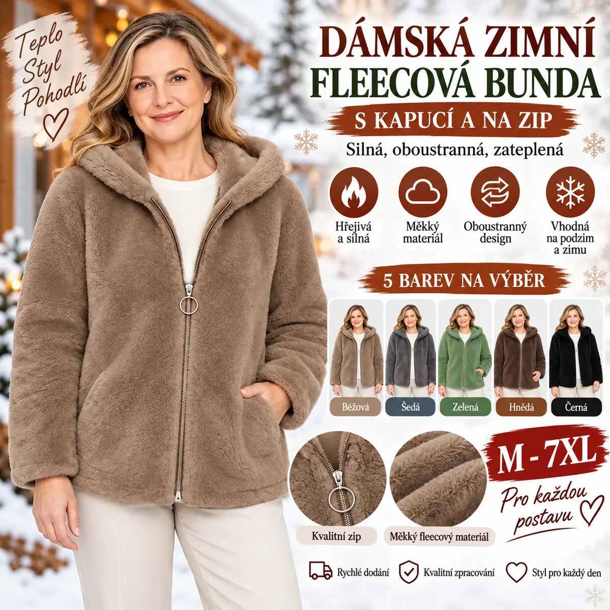 【M-7XL】Dámská zimní fleecová bunda – silná, oboustranná, s kapucí, zateplená, na zip