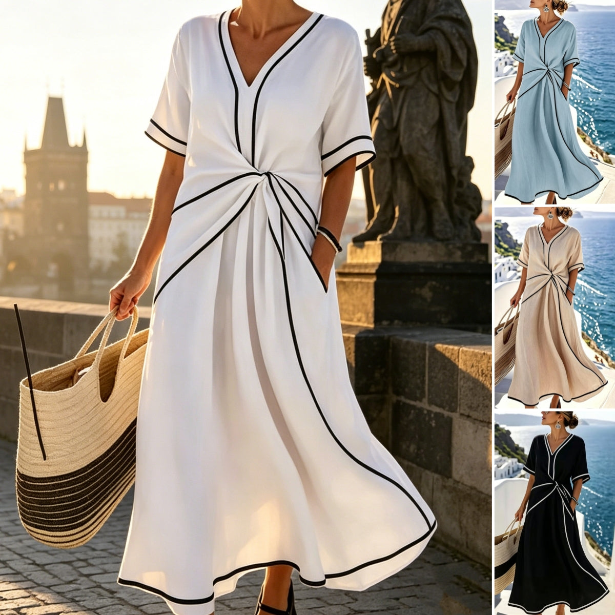 ✨ ¡Último día con un 50 % de descuento! 【S-3XL】 Vestido de verano cómodo y elegante, de mezcla de lino y algodón, con cuello en V; transpirable y fácil de combinar.