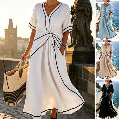 ✨ ¡Último día con un 50 % de descuento! 【S-3XL】 Vestido de verano cómodo y elegante, de mezcla de lino y algodón, con cuello en V; transpirable y fácil de combinar.