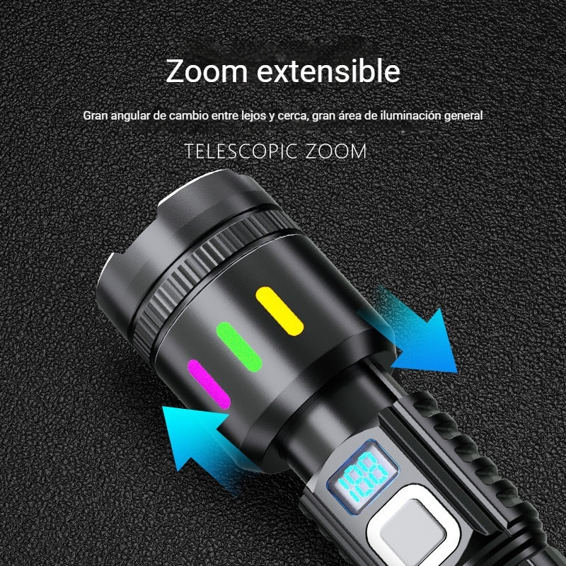 💡Linterna de alta potencia, carga al aire libre, batería de larga duración, láser blanco, zoom telescópico, alcance ajustable, linterna de emergencia.