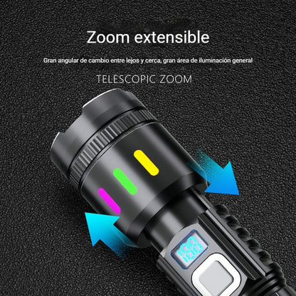 💡Linterna de alta potencia, carga al aire libre, batería de larga duración, láser blanco, zoom telescópico, alcance ajustable, linterna de emergencia.