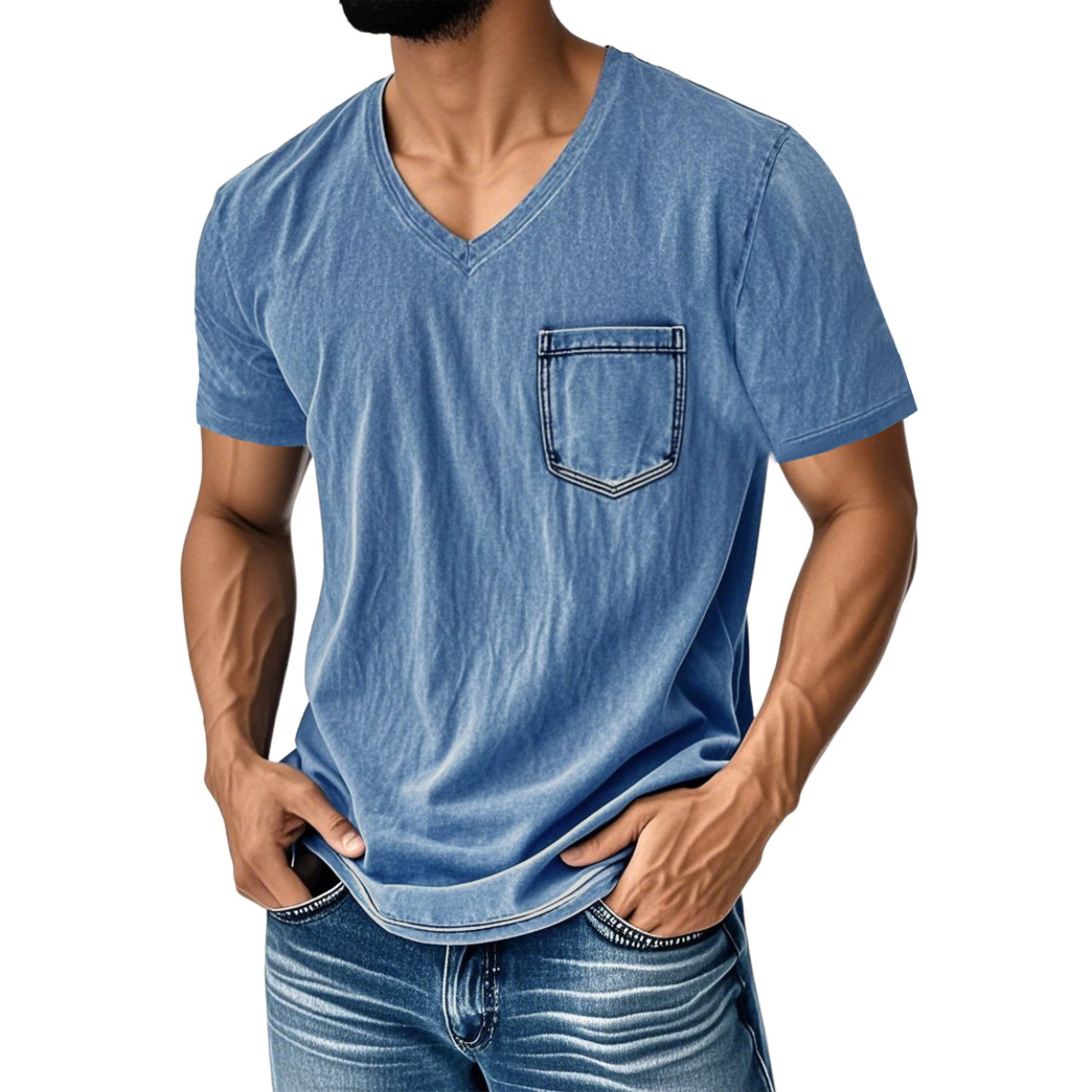 👔 Έκπτωση 50%🔥【40-120 kg】Ανεπίσημο, φαρδύ τζιν μπλουζάκι με V λαιμόκοψη και κοντά μανίκια για άνδρες ✅️Πληρωμή κατά την παράδοση ✅️2 προϊόντα με έκπτωση 70%