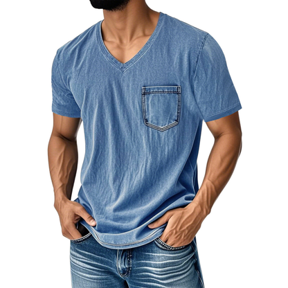 👔 Έκπτωση 50%🔥【40-120 kg】Ανεπίσημο, φαρδύ τζιν μπλουζάκι με V λαιμόκοψη και κοντά μανίκια για άνδρες ✅️Πληρωμή κατά την παράδοση ✅️2 προϊόντα με έκπτωση 70%
