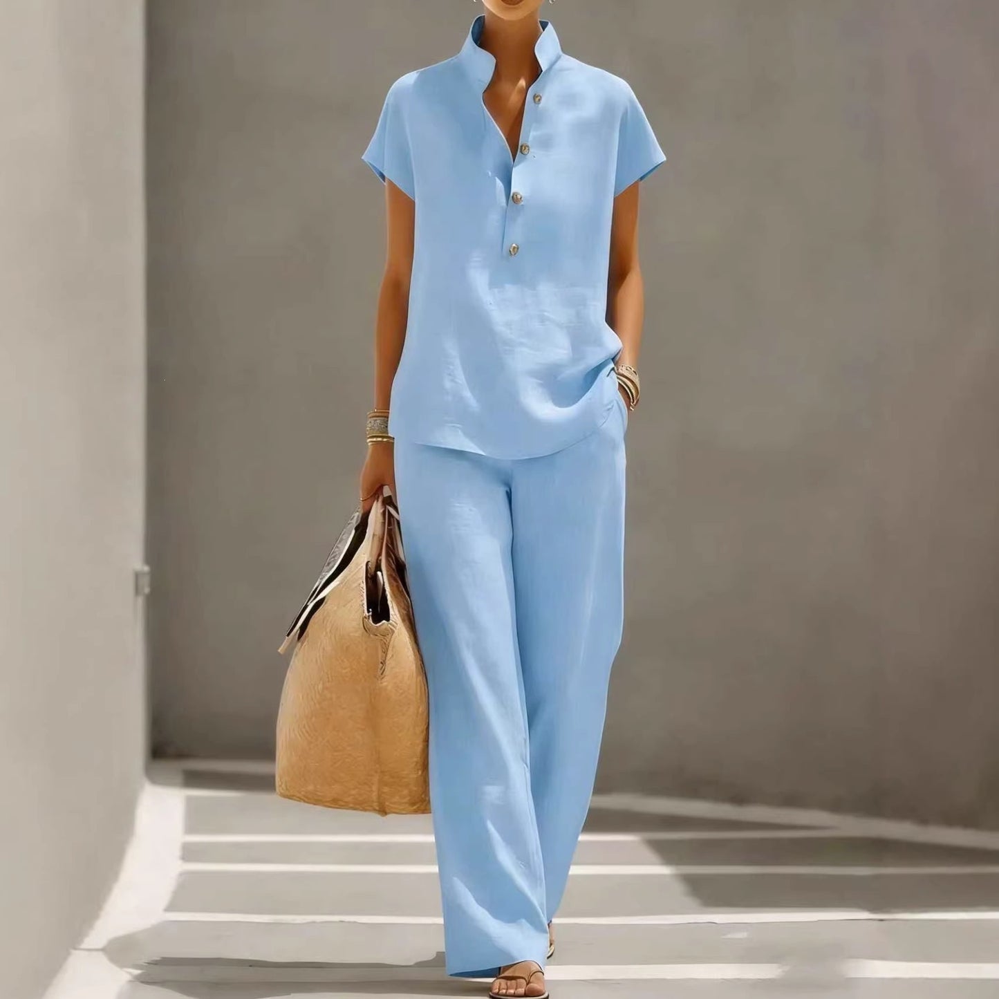 🔥【¡Oferta al 50%!!】✨Conjunto de mujer de lino y algodón: blusa de manga corta y pantalón ancho, estilo casual elegante de verano
