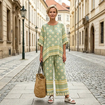 [Top + Pantalones] Traje informal de lino para mujer, la opción perfecta para vacaciones y para el día a día.