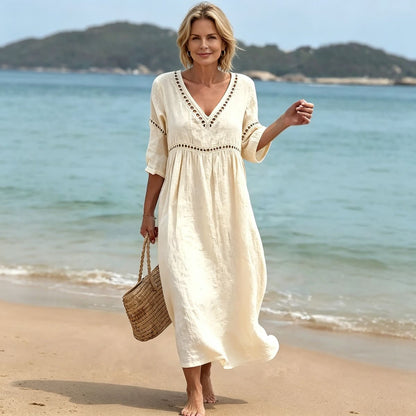 👗【S-3XL】Letnia modna bawełniano-lniana sukienka z dekoltem w serek, oddychająca, wygodna i wyszczuplająca