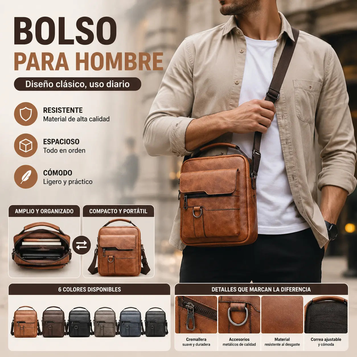 🏆【Versión de piel auténtica de primera calidad】Bolso de hombro vintage informal de gran capacidad para hombre