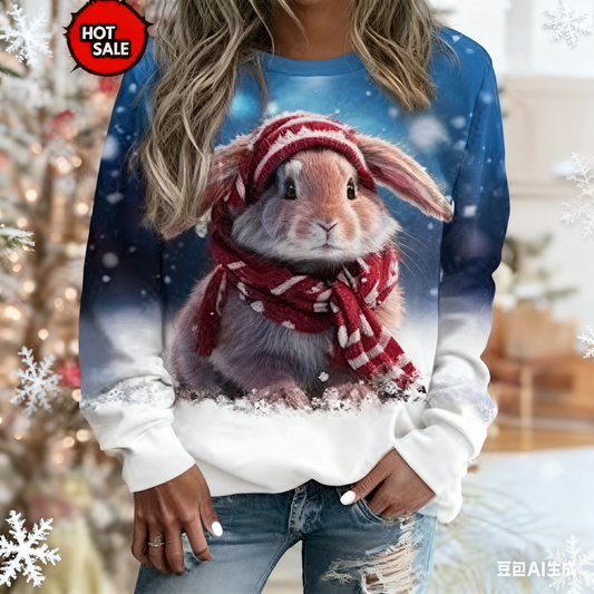 💖🐇2025 Nový vánoční svetr s kulatým výstřihem a 3D digitálním potiskem, měkký a pohodlný