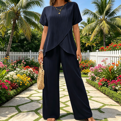 👗 Conjunto para mujer tallas S–3XL – corte casual, mangas cortas, cuello redondo, diseño asimétrico (top + pantalón)