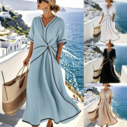 ✨ ¡Último día con un 50 % de descuento! 【S-3XL】 Vestido de verano cómodo y elegante, de mezcla de lino y algodón, con cuello en V; transpirable y fácil de combinar.