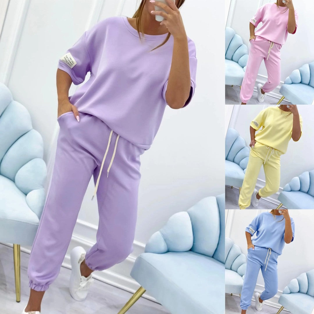 💕【S-5XL】Conjunto casual de verano para mujer de algodón puro, camiseta de color liso y pantalón_4303355