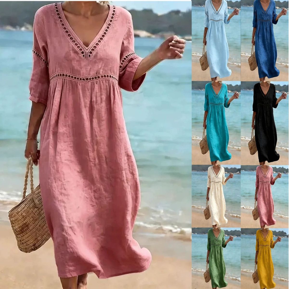 👗【S-3XL】Letnia modna bawełniano-lniana sukienka z dekoltem w serek, oddychająca, wygodna i wyszczuplająca