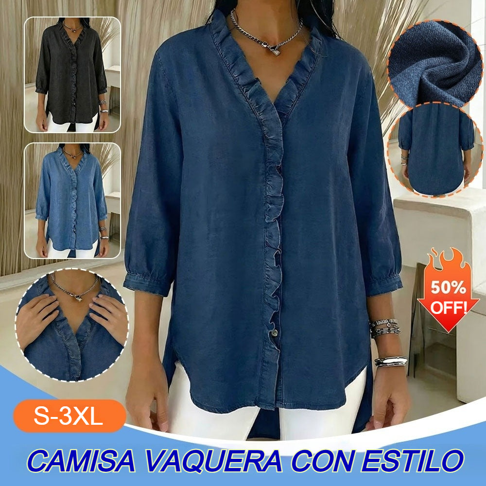 🔥 Pago contra reembolso ✅️【40-100kg】Camisa vaquera informal para mujer con cuello en V y volantes-4286615