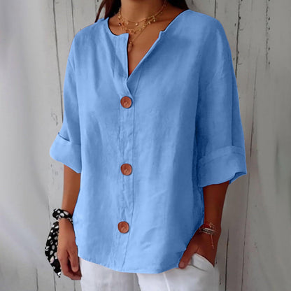 🔥【Descuento por tiempo limitado】【S-5XL】🔥Novedad para primavera/verano 2026: Camiseta holgada - Top de cuello en V de algodón y lino para mujer