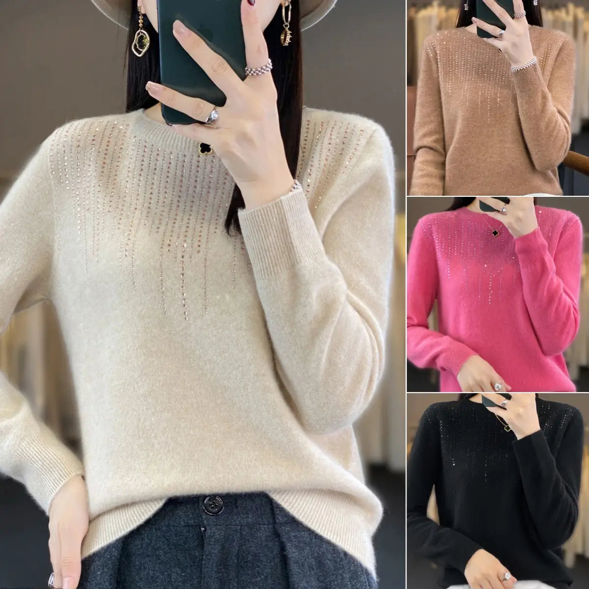 🔥🍁【Jesienna nowość】【S-2XL】✨🌷Wysokiej jakości, modny i elegancki damski aksamitny kardigan z okrągłym dekoltem i biżuterią
