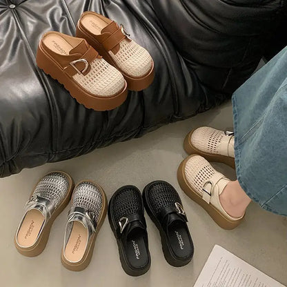 Zuecos con plataforma track para verano: diseño de tejido calado transpirable, estilo retro moderno, tallas 35-40