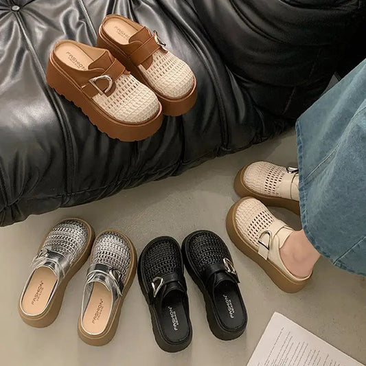 Zuecos con plataforma track para verano: diseño de tejido calado transpirable, estilo retro moderno, tallas 35-40