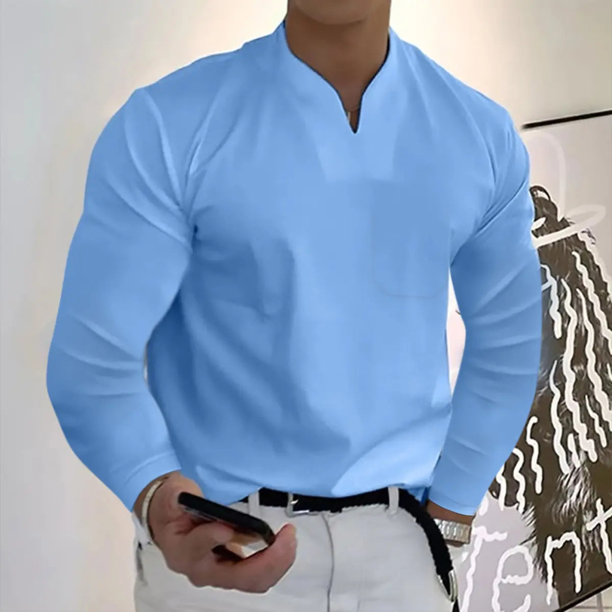 👔🔥Pánské sportovní tričko z bavlny s dlouhými rukávy a výstřihem do V