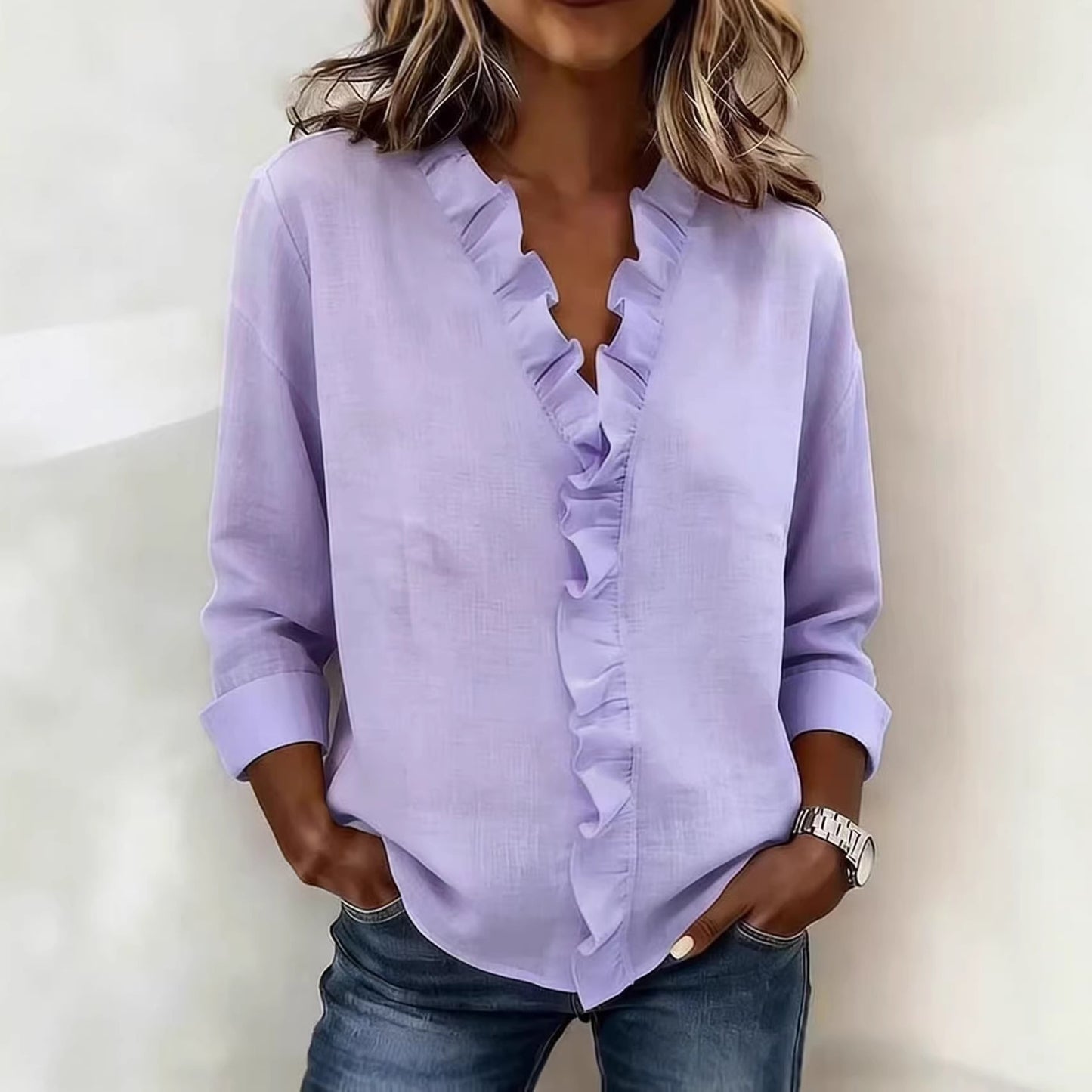 🔥 Pago contra reembolso ✅️【40-100kg】Camisa vaquera informal para mujer con cuello en V y volantes