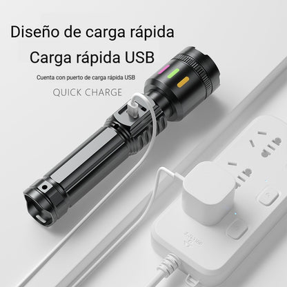 💡Linterna de alta potencia, carga al aire libre, batería de larga duración, láser blanco, zoom telescópico, alcance ajustable, linterna de emergencia.