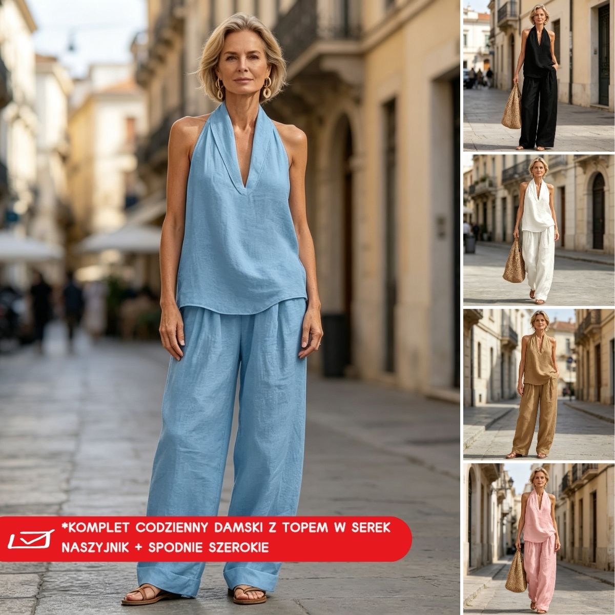 【S-5XL】💥 Damski zestaw casualowy: Top z dekoltem w serek + Spodnie z szerokimi nogawkami