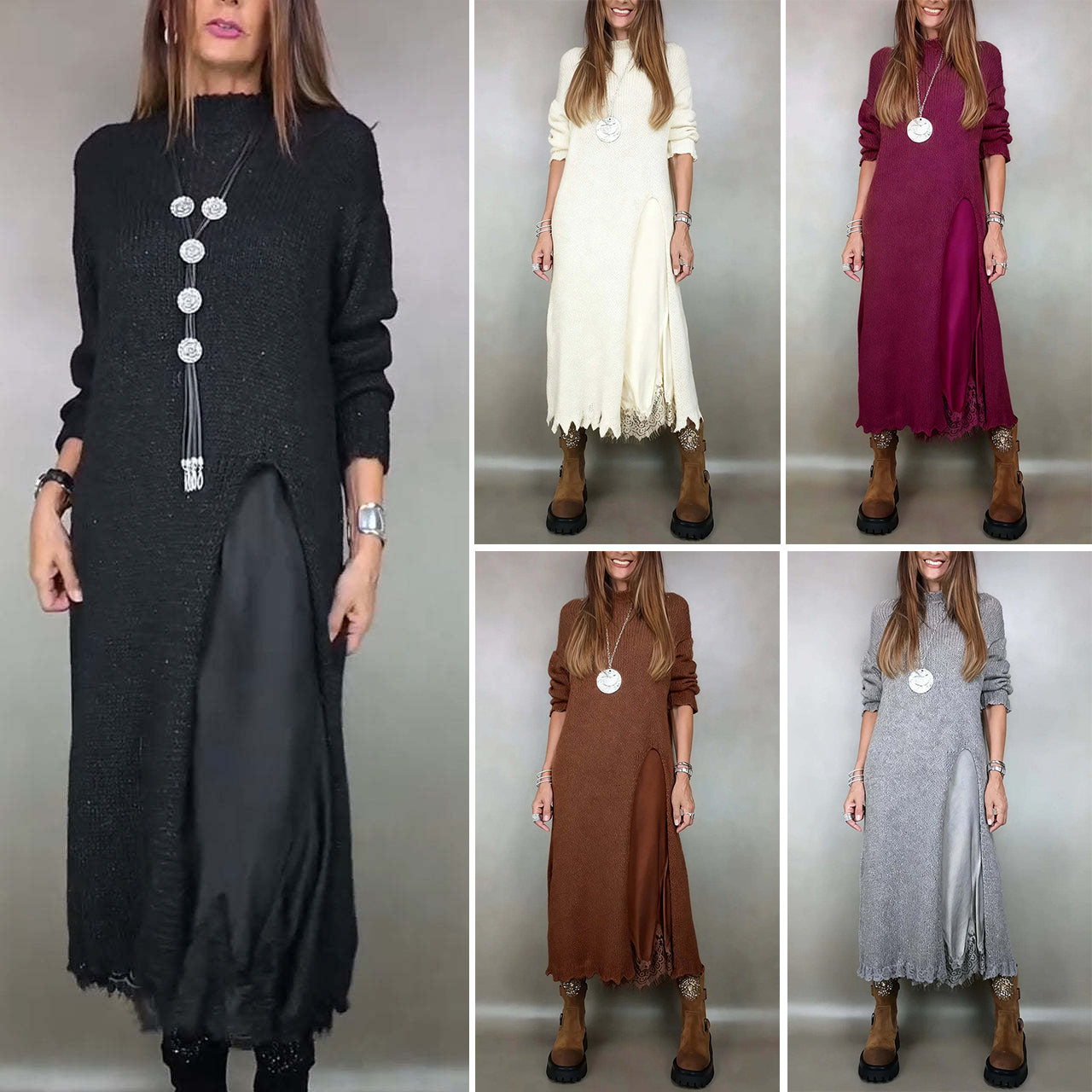 【XS-3XL】👗Nowy jesienny komplet koronkowy z rozcięciem i wzorem swetra-4163526