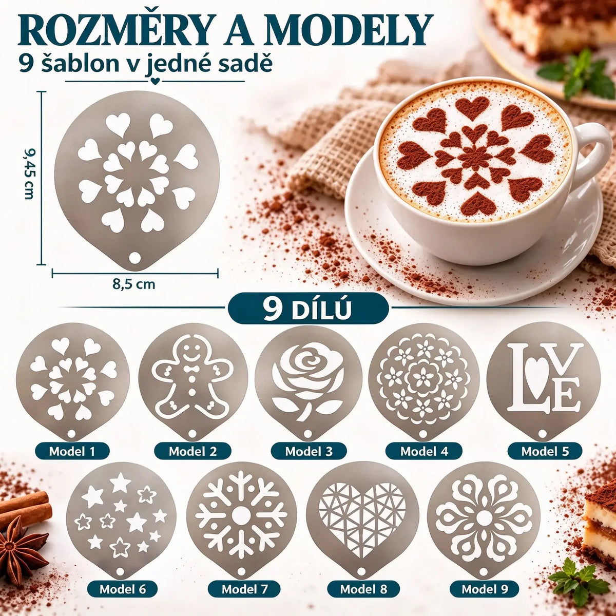 🔥9 kusů za pouhých 530 Kč🔥☕ Nerezová ocelová forma na kávové latte art