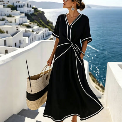 ✨ ¡Último día con un 50 % de descuento! 【S-3XL】 Vestido de verano cómodo y elegante, de mezcla de lino y algodón, con cuello en V; transpirable y fácil de combinar.