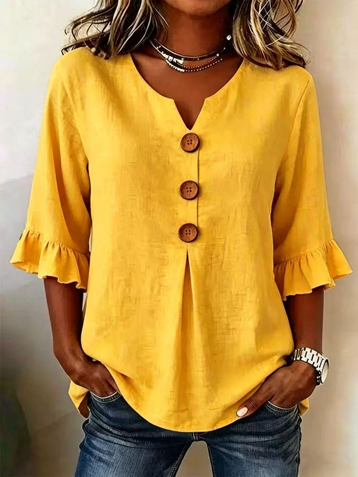 ✨[S-3XL] Nowa damska bluzka z dekoltem w serek i falbanką, prosta i elegancka🔥 [50% zniżki]✅️