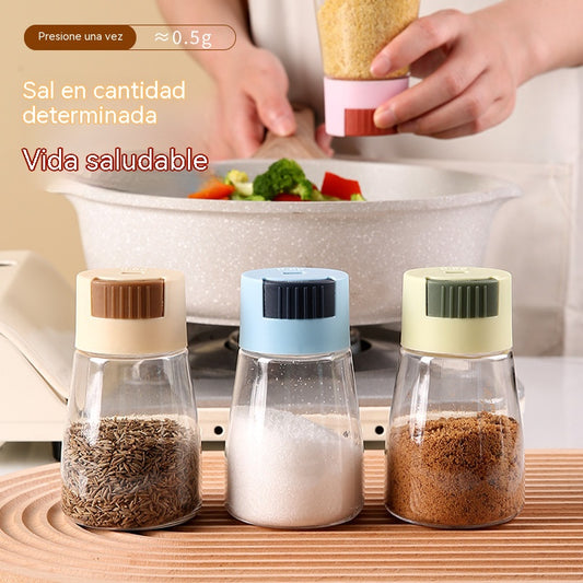 【Compra 1 y llévate 1 gratis】Recipiente medidor de sal tipo prensa de cocina, caja de condimentos, botella de condimentos de cocina