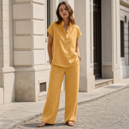🔥【¡Oferta al 50%!!】✨Conjunto de mujer de lino y algodón: blusa de manga corta y pantalón ancho, estilo casual elegante de verano