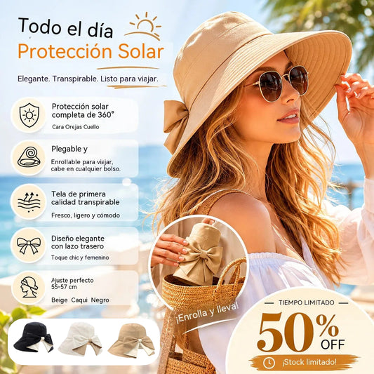 👒 ¡50% DE DESCUENTO POR TIEMPO LIMITADO! ✨ Sombrero de sol de ala ancha con lazo para mujer – Plegable, protección 360° 🎀