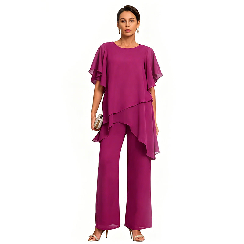 【Oferta por tiempo limitado】Elegante Conjunto de Chifón: Top Asimétrico με Volantes y Pantalón Ancho – Look Sofisticado para Eventos