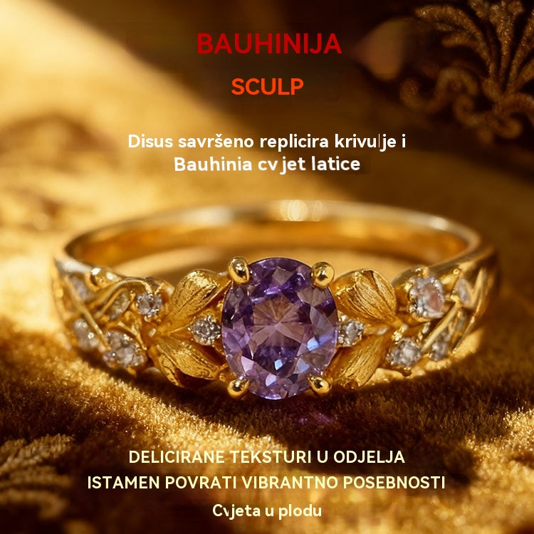 🌸💍Povoljni prsten od cvijeta Bauhinia za žene: luksuzan prsten s ljubičastim dijamantima-4177974