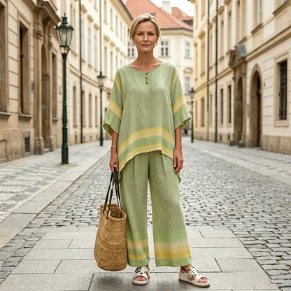 [Top + Pantalones] Traje informal de lino para mujer, la opción perfecta para vacaciones y para el día a día.