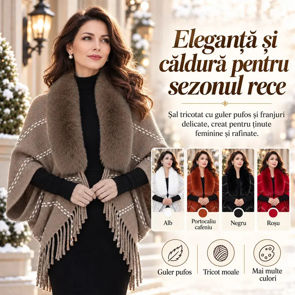 Poncho de Punto con Cuello de Piel y Borlas 🧣 Elegante Chal Abrigado para Mujer Otoño Invierno ❄️ Suéter Holgado Versátil que Estiliza la Silueta ✨