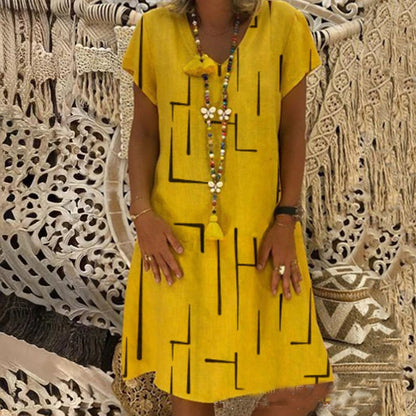 🌲😍Vestido estampado de lino y algodón con cuello en V, color oro puro, 2026 - Oferta