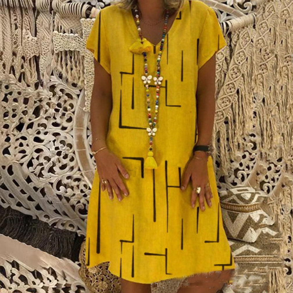 🌲😍Vestido estampado de lino y algodón con cuello en V, color oro puro, 2026 - Oferta