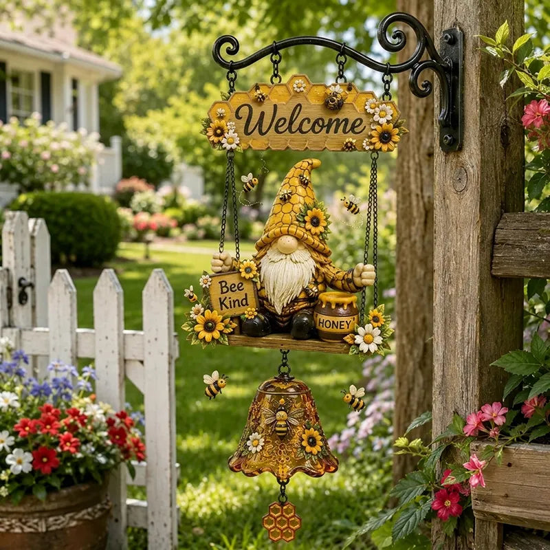 Vítací zvonek se zahradním trpaslíkem, cedulka „Welcome“, retro zvonek z bronzu, železný nástěnný držák, dekorace na zahradu a terasu