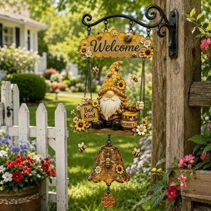 Vítací zvonek se zahradním trpaslíkem, cedulka „Welcome“, retro zvonek z bronzu, železný nástěnný držák, dekorace na zahradu a terasu