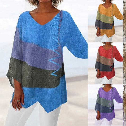 ⏳ Poslední den – sleva 50 % 😍【S~5XL】Dámský elegantní ležérní top s výstřihem do V a dlouhým rukávem, uměleckým vzorem a potiskem