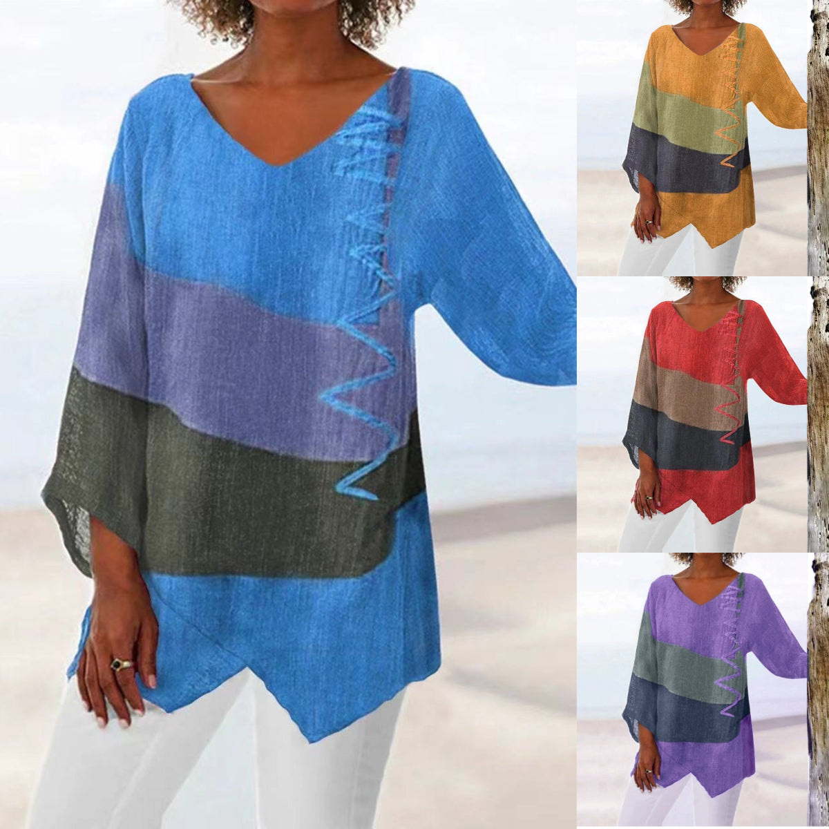 ⏳ Último día - 50% de descuento 😍【S~5XL】Blusa elegante y casual para mujer, con cuello en V, manga larga y estampado de diseño artístico