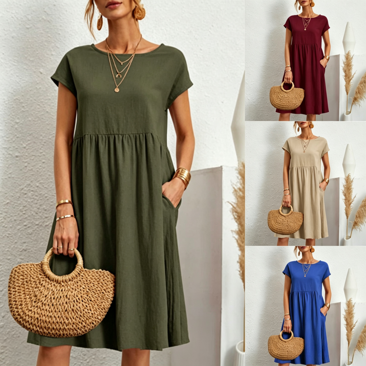 😍【Oferta por tiempo limitado】👗【S-5XL】Vestido de mujer 2026 de algodón y lino, con cuello redondo y corte cómodo