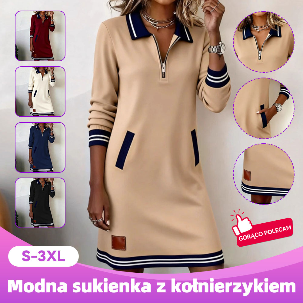 Zimowa, nowa, swobodna sukienka z zamkiem błyskawicznym, kołnierzykiem, długim rękawem i kieszenią w blokowym kolorze - 4211542