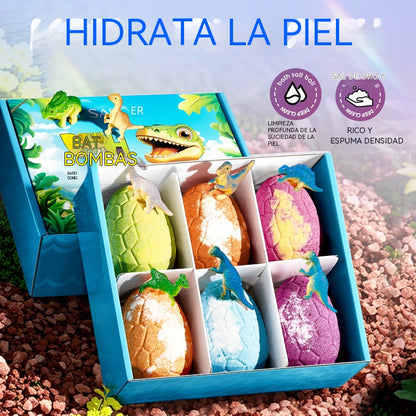 💦Juego de bolas de sales de baño con forma de huevo de dinosaurio (6 piezas), bolas de sales de baño con fragancia limpiadora de larga duración