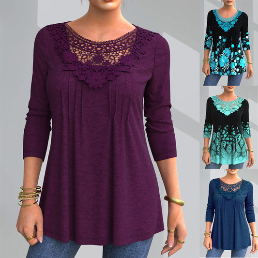 🔥🔥【S-5XL】Nové dámské módní tričko s dlouhým rukávem a vykrojenou krajkou ✅Dobírka