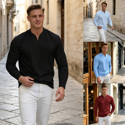 👔🔥Pánské sportovní tričko z bavlny s dlouhými rukávy a výstřihem do V