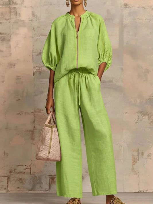 Maribel | Conjunto de lino con mangas murciélago y pantalón ancho