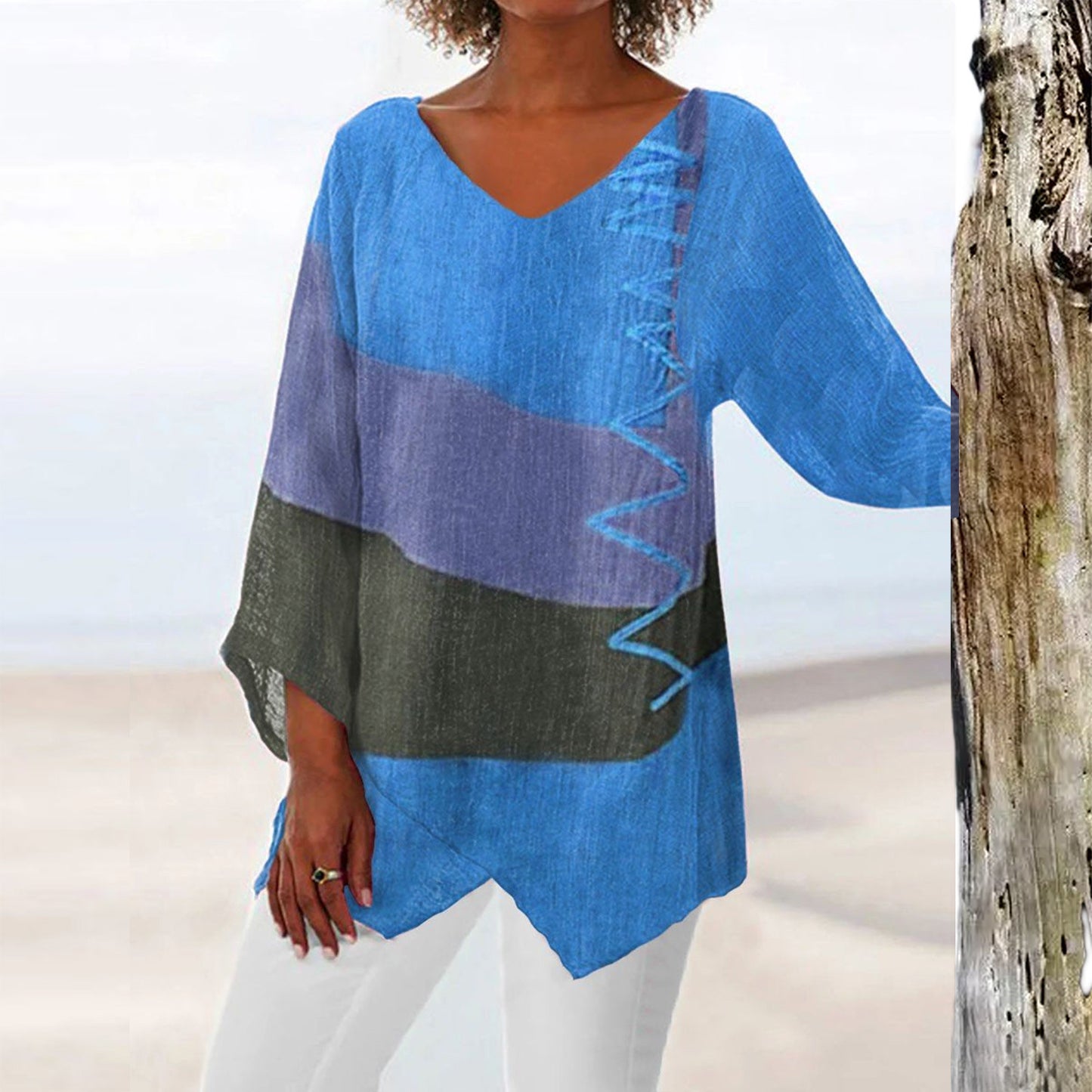 ⭐⏳ Poslední den – 50 % sleva 😍【S–5XL】Elegantní dámský ležérní top: výstřih do V, dlouhé rukávy, umělecký vzor
